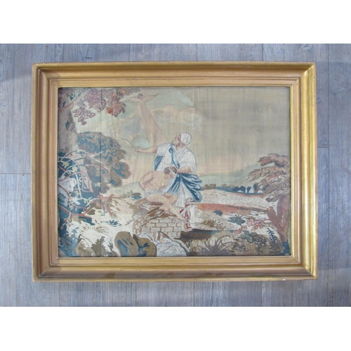 7073 - A 19th Century silk stumpwork depicting Arras Cain killing Abel, 47.5cm x 65cm            (E) £60-10... 