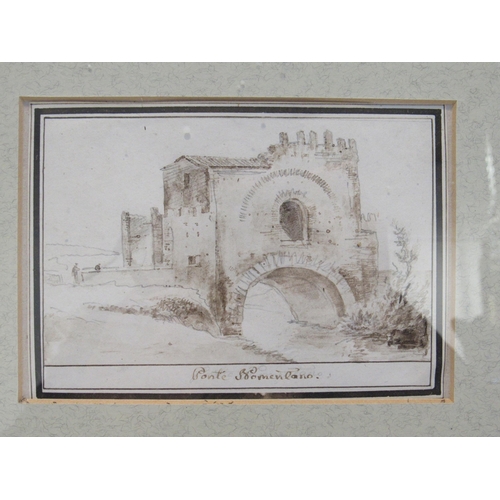 7098 - Two 19th Century sepia wash sketches Castle on Bridge and Landscape view (2) 11 cm x 16 cm