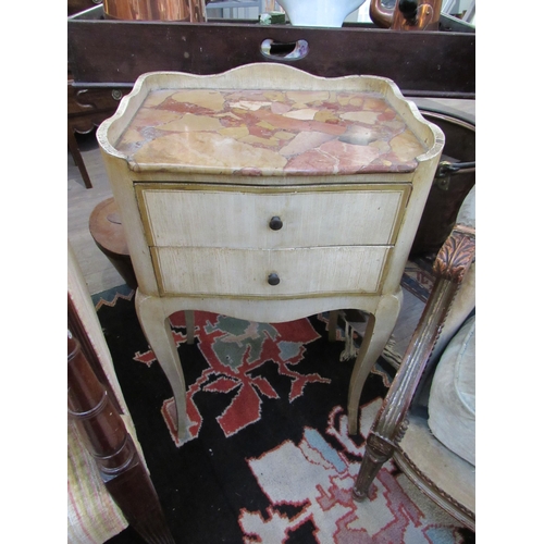 7107 - A shabby-chic French marble top night table with two drawers over tapering cabriole legs. 75cm x 44c... 