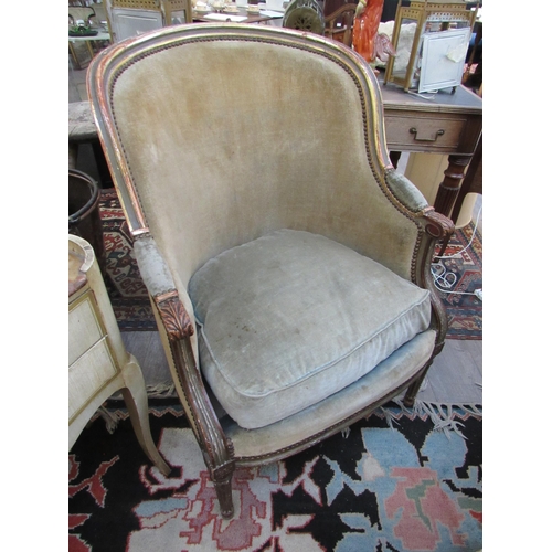 7108 - A late 19th Century French velour upholstered spoon back armchair with gilt frame, feather filled se... 