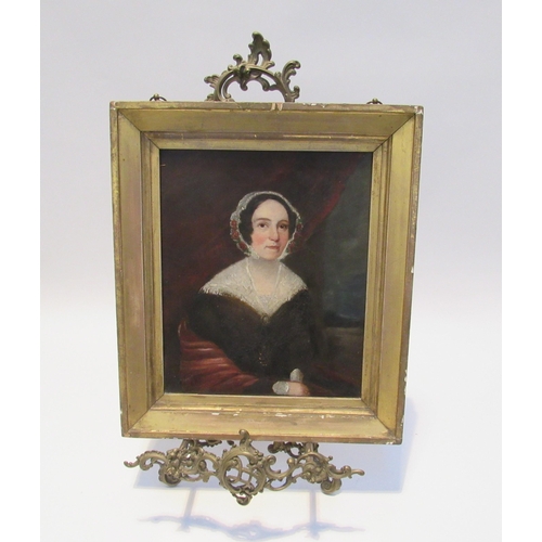 7114 - A 19th Century English School portrait of a Lady wearing bonnet with black hair and rosy cheeks, oil... 