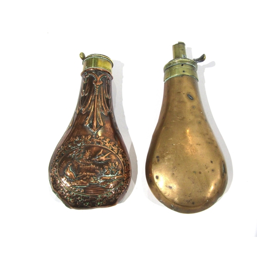 7160 - Two 19th Century copper and brass shot/powder flasks one with embossed design of flying birds, 19cm ... 