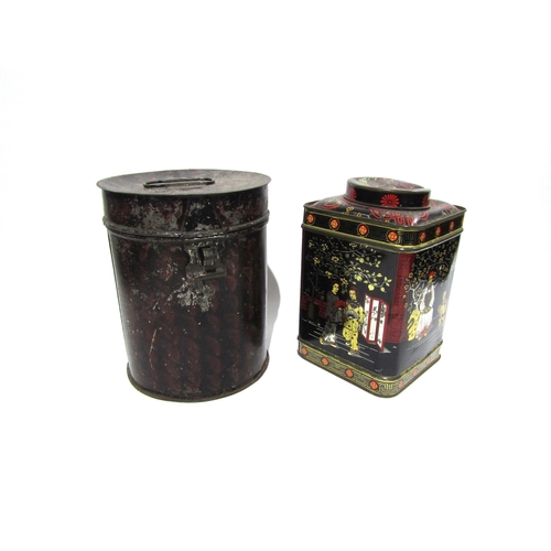 7161 - A vintage tin cannister and vintage chinoiserie tea cannister, 23 cm tall (2)