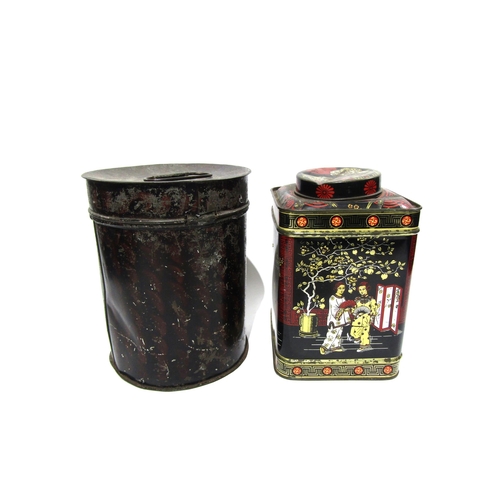 7161 - A vintage tin cannister and vintage chinoiserie tea cannister, 23 cm tall (2)