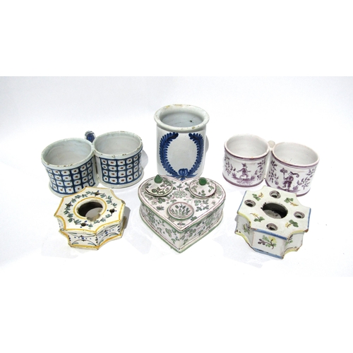 7164 - Six pieces of 1800 and later French Faience including two oil and vinegar set carriers, heart shaped... 