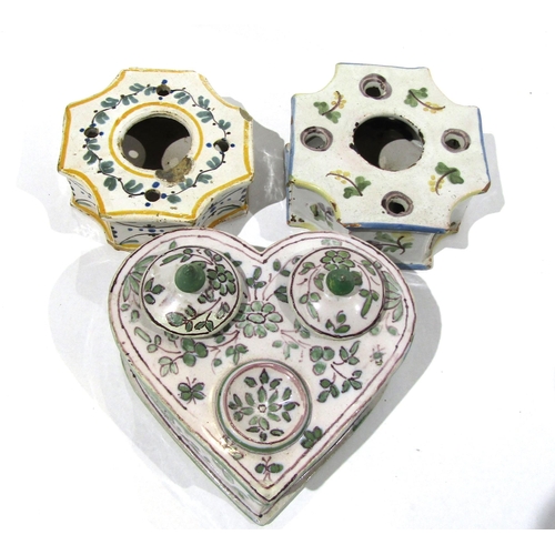 7164 - Six pieces of 1800 and later French Faience including two oil and vinegar set carriers, heart shaped... 