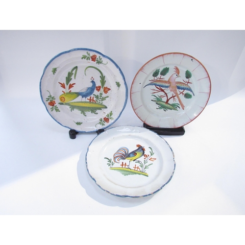 7178 - Seven late 18th/19th Century French Faience plates with bird decoration.  Two with staple repairs, a... 