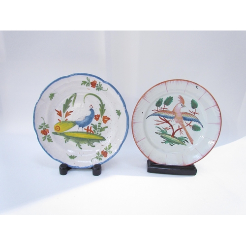 7178 - Seven late 18th/19th Century French Faience plates with bird decoration.  Two with staple repairs, a... 