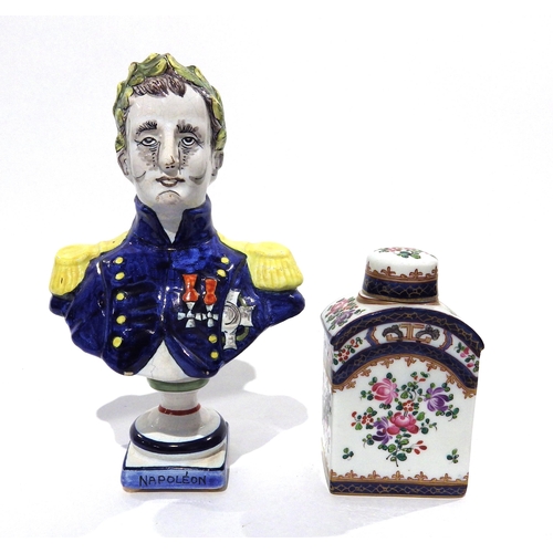 7197 - A ceramic bust of Napoleon 20cm tall, two gold anchor bocage figural groups of courting couples and ... 