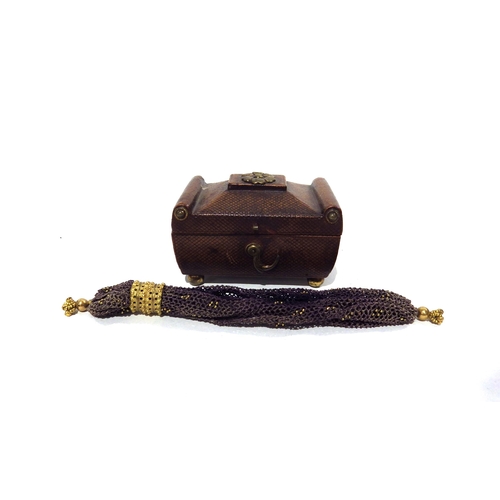 7198 - A Georgian miniature leather covered sarcophagus form jewellery box with brass embellishment, 6.5cm ... 