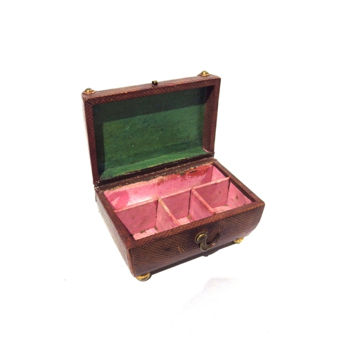 7198 - A Georgian miniature leather covered sarcophagus form jewellery box with brass embellishment, 6.5cm ... 