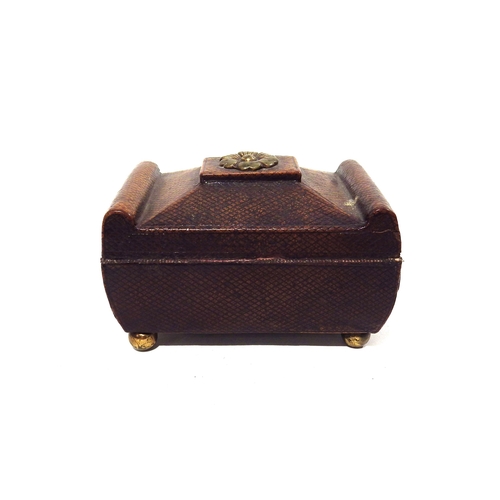 7198 - A Georgian miniature leather covered sarcophagus form jewellery box with brass embellishment, 6.5cm ... 