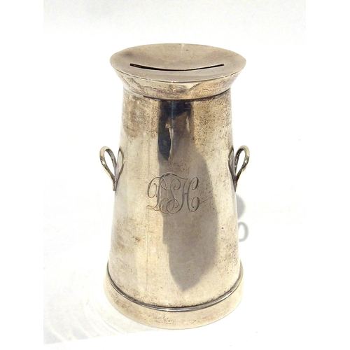 7200 - WITHDRAWN: A Mappin & Webb silver money box in the form of a milk churn, Birmingham 1915, dent base,... 