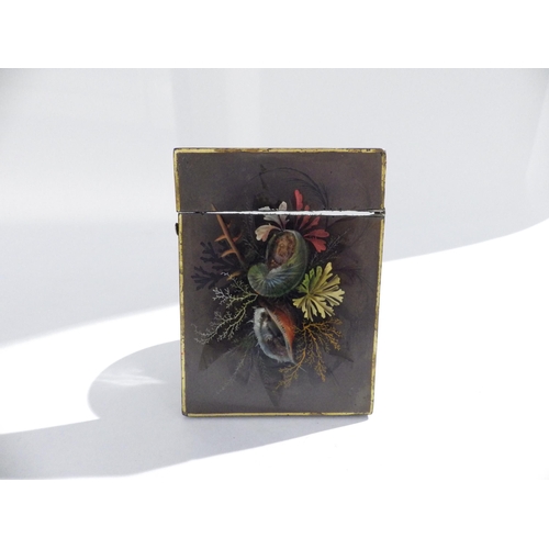 7209 - A Regency card case with hand painted floral & shell decoration, 10.5cm x 8cm