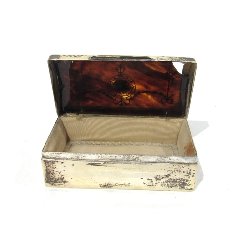 7218 - A silver trinket box with tortoiseshell top (cracked and piece missing) plated wheel barrow salt, gr... 