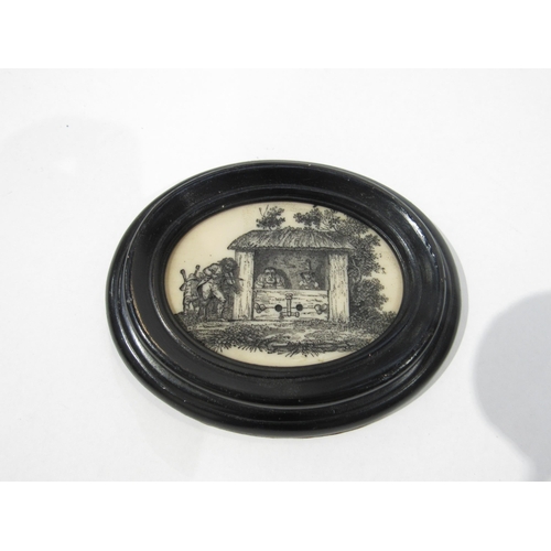 7227 - A miniature coloured etching of George III and miniature oval resin picture of two villagers in the ... 