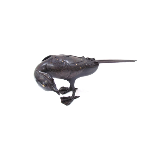 7618 - A Japanese Meiji period archaic style bronze ‘pheasant’ censer and cover, inlaid with silver, 40cm l... 