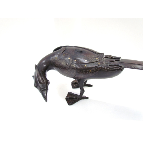 7618 - A Japanese Meiji period archaic style bronze ‘pheasant’ censer and cover, inlaid with silver, 40cm l... 