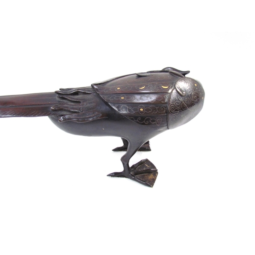 7618 - A Japanese Meiji period archaic style bronze ‘pheasant’ censer and cover, inlaid with silver, 40cm l... 