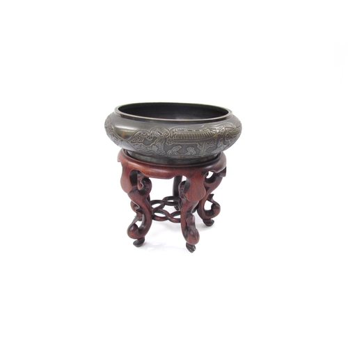 7622 - A Chinese bronze censer on hardwood stand, diameter 20cm, height total 22cm