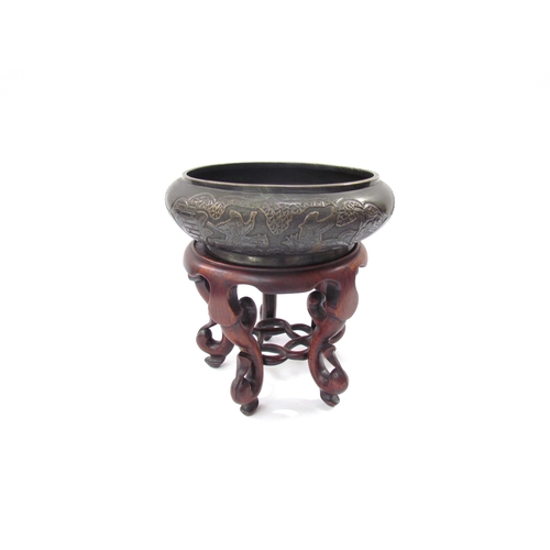 7622 - A Chinese bronze censer on hardwood stand, diameter 20cm, height total 22cm