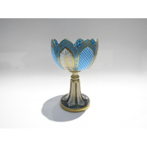 7728 - A fine Bohemian glass goblet, pale blue with foliate and crosshatch panels, enriched with gilt, 23cm... 