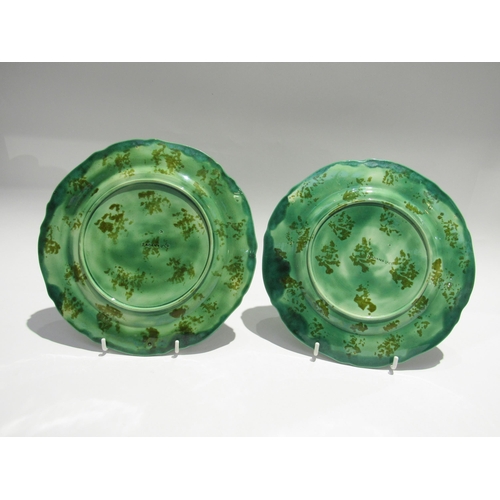 7732 - Two J. Adams & Co. majolica cabbage leaf plates in yellow and green, each 22.5cm diameter