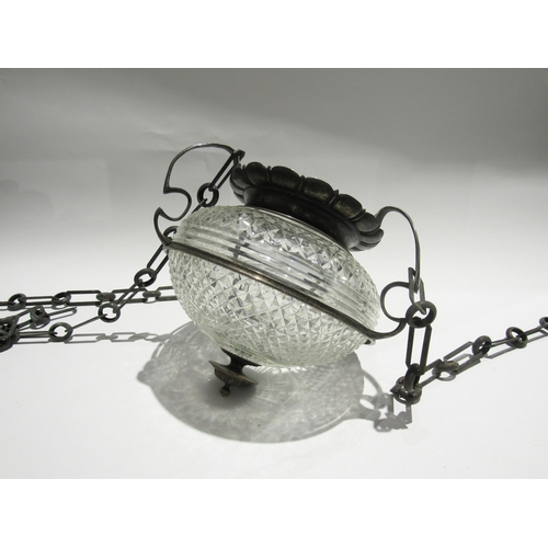 7742 - A circa 1900 cut glass hanging ceiling shade in metal hanger with chain attachment Art Nouveau styli... 