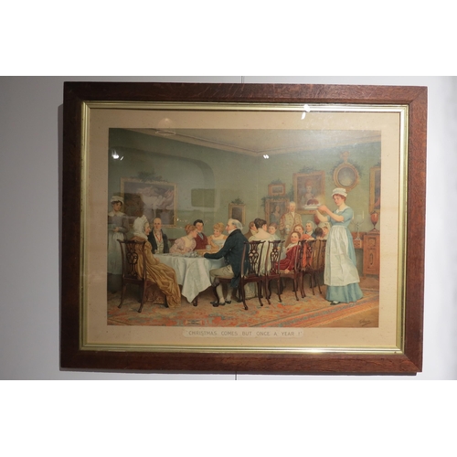 7763 - A Victorian print 'Christmas comes but once a year', framed and glazed, 64cm x 84cm