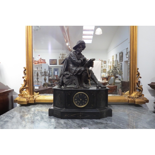 7773 - A 19th Century large state mantel clock, aloft a seated gent wearing period costume and hat holding ... 