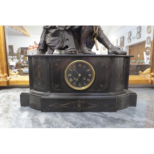 7773 - A 19th Century large state mantel clock, aloft a seated gent wearing period costume and hat holding ... 