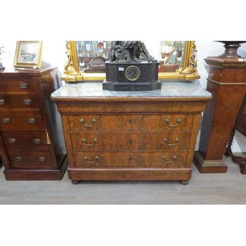 7774 - A 19th Century flame walnut Louis Phillippe commode, marble top over cushion drawer, three long draw... 