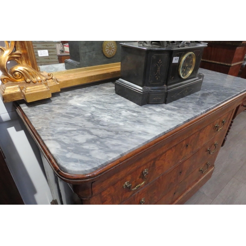 7774 - A 19th Century flame walnut Louis Phillippe commode, marble top over cushion drawer, three long draw... 