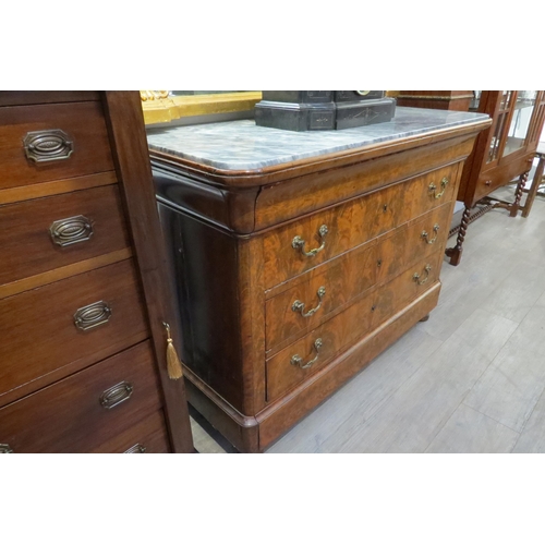 7774 - A 19th Century flame walnut Louis Phillippe commode, marble top over cushion drawer, three long draw... 