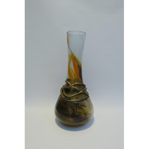 7779 - A Romanian Sticla glass vase with applied metal design, autumn colours, 55cm tall