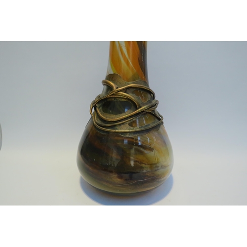 7779 - A Romanian Sticla glass vase with applied metal design, autumn colours, 55cm tall