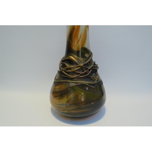 7779 - A Romanian Sticla glass vase with applied metal design, autumn colours, 55cm tall