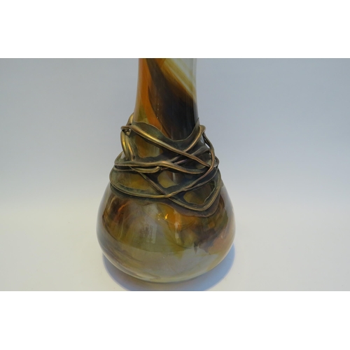 7779 - A Romanian Sticla glass vase with applied metal design, autumn colours, 55cm tall