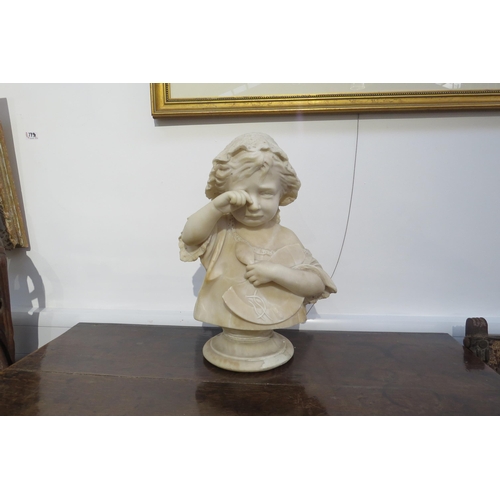 7798 - A 19th Century alabaster bust depicting a young girl crying wearing a lace bonnet. 48cm tall, cracks... 