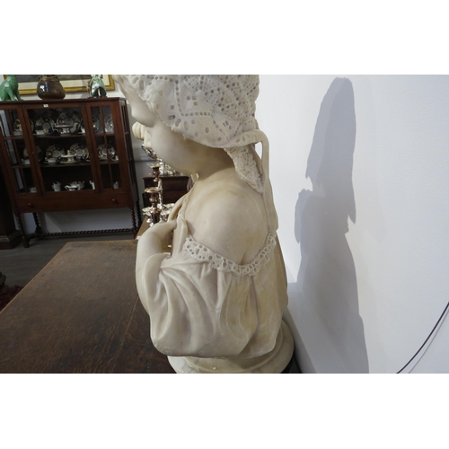 7798 - A 19th Century alabaster bust depicting a young girl crying wearing a lace bonnet. 48cm tall, cracks... 