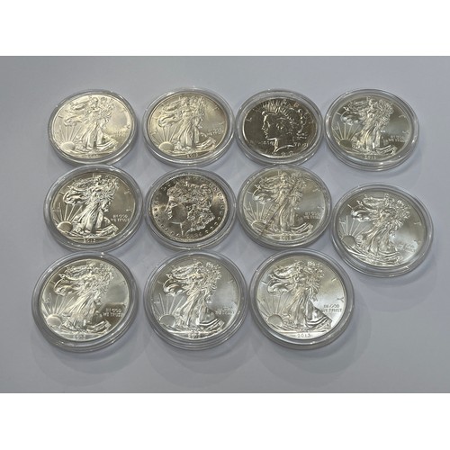 7252 - Nine 1oz fine silver American one dollar coins including 2013 Eagle