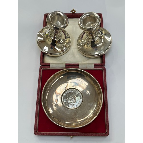 7255 - A Roberts & Dore Ltd silver dish set with Churchill coins and a pair of silver filled squat form can... 