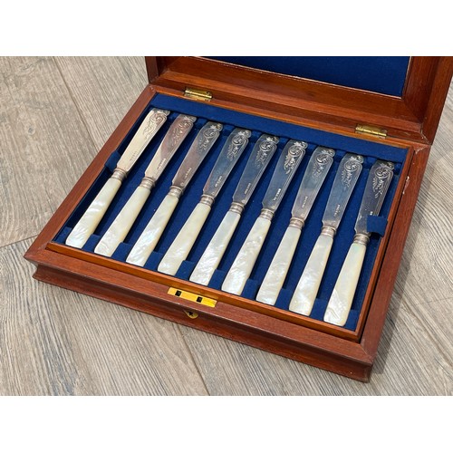 7262 - A Victorian Atkin Brothers 24 piece mother-of-pearl and silver fish knife and fork set, Sheffield 18... 