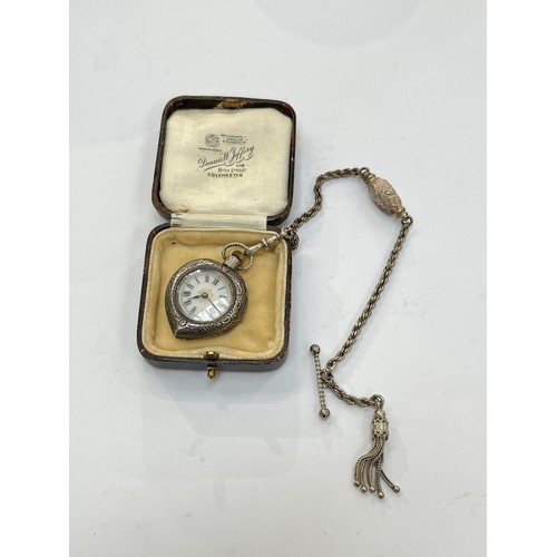 7274 - A continental silver heart form cased job watch with fancy sterling silver chain