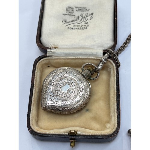 7274 - A continental silver heart form cased job watch with fancy sterling silver chain