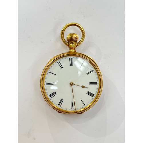 7277 - An 18ct gold Royal Waltham Mass. fob watch with white face, Roman numerals in a highly decorative ca... 