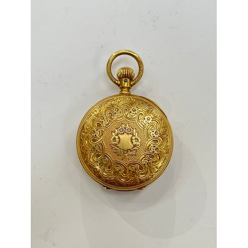 7277 - An 18ct gold Royal Waltham Mass. fob watch with white face, Roman numerals in a highly decorative ca... 