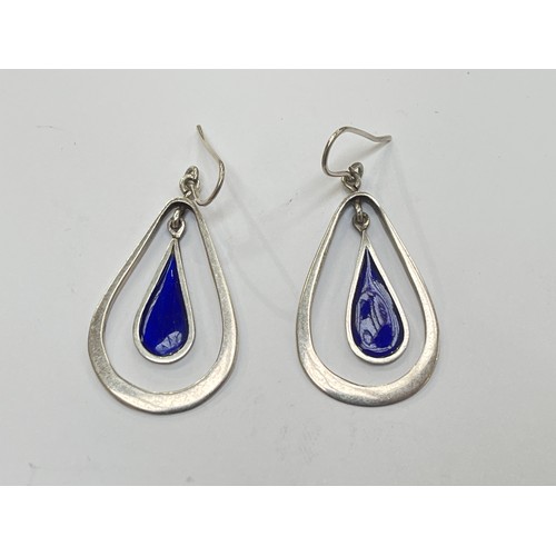 7292 - A pair of silver and blue enamel drop earrings, 5.8g