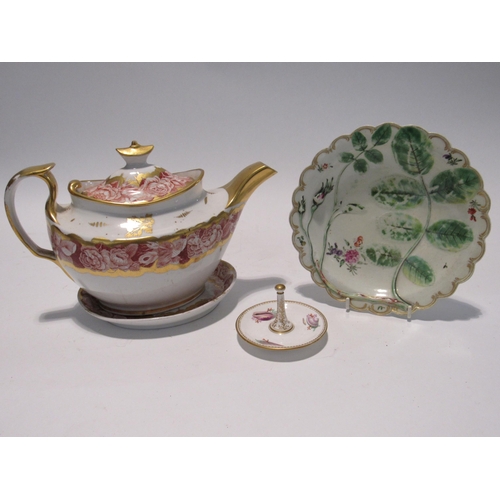 7134 - An early to mid 19th Century transfer printed teapot with gilt decoration and stand, ring dish and l... 