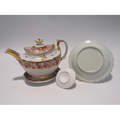 7134 - An early to mid 19th Century transfer printed teapot with gilt decoration and stand, ring dish and l... 